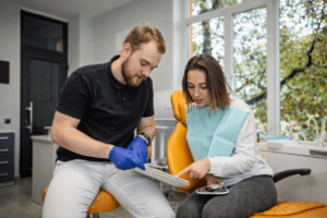 Patient discussing dental filling options with New Farm dentist
